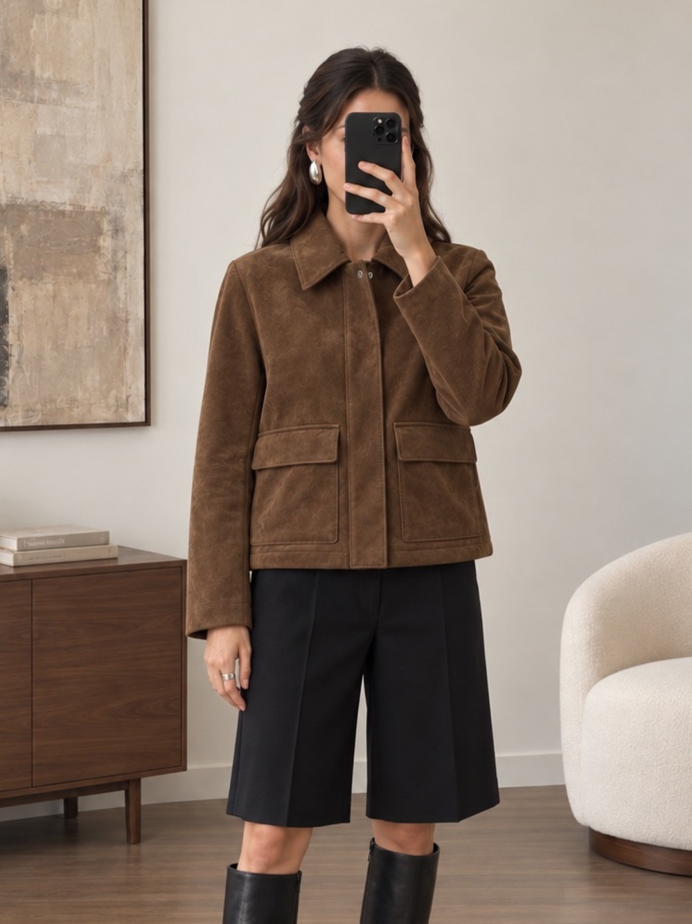 Kenneth Cole Brown Faux Suede Utility Jacket Women’s M Zip Front Patch Pockets